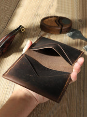 Handmade Coffee Leather Mens Small Card Holders Wallet Personalized Bifold Card Wallets for Men