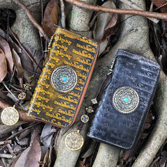 Handmade Leather Tibetan Scriptures Long Wallet Tooled Zipper Wristlet Chain Wallet for Men