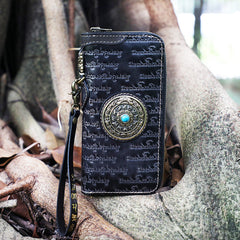 Handmade Tan Leather Tibetan Scriptures Long Wallet Tooled Zipper Clutch Wristlet Wallet for Men