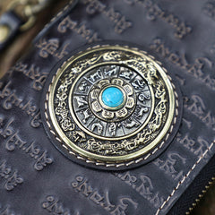 Handmade Leather Tibetan Scriptures Long Wallet Tooled Zipper Wristlet Chain Wallet for Men