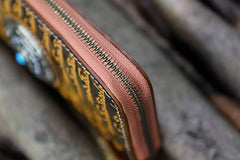 Handmade Leather Tibetan Scriptures Long Wallet Tooled Zipper Wristlet Chain Wallet for Men