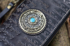 Handmade Leather Tibetan Scriptures Long Wallet Tooled Zipper Wristlet Chain Wallet for Men