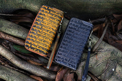 Handmade Tan Leather Tibetan Scriptures Long Wallet Tooled Zipper Clutch Wristlet Wallet for Men