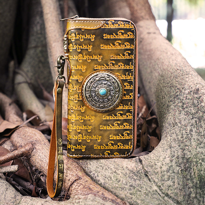 Handmade Leather Tibetan Scriptures Long Wallet Tooled Zipper Wristlet Chain Wallet for Men