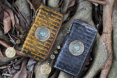 Handmade Leather Tibetan Scriptures Long Wallet Tooled Zipper Wristlet Chain Wallet for Men