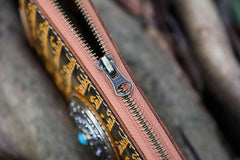 Handmade Leather Tibetan Scriptures Long Wallet Tooled Zipper Wristlet Chain Wallet for Men