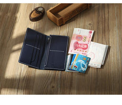 Handmade Blue Mens Bifold Long Wallets Personalized Blue Leather Checkbook Wallets for Men