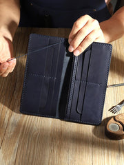 Handmade Blue Mens Bifold Long Wallets Personalized Blue Leather Checkbook Wallets for Men