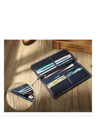 Handmade Blue Mens Bifold Long Wallets Personalized Blue Leather Checkbook Wallets for Men