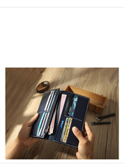 Handmade Blue Mens Bifold Long Wallets Personalized Blue Leather Checkbook Wallets for Men