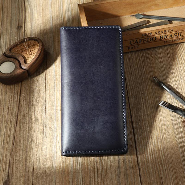Handmade Blue Mens Bifold Long Wallets Personalized Blue Leather Checkbook Wallets for Men