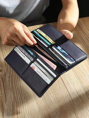 Handmade Blue Mens Bifold Long Wallets Personalized Blue Leather Checkbook Wallets for Men