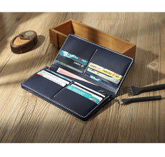 Handmade Blue Mens Bifold Long Wallets Personalized Blue Leather Checkbook Wallets for Men