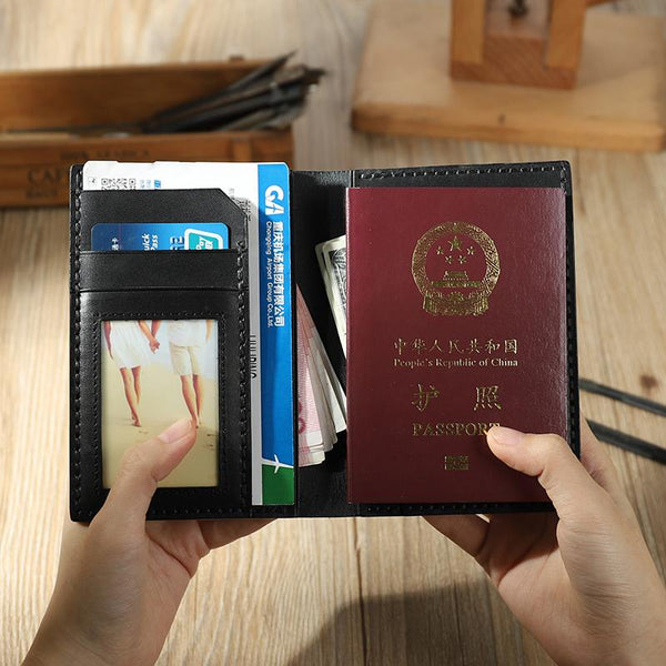 Handmade Black Mens Slim Travel Billfold Wallets Personalized Leather Passport Wallet for Men