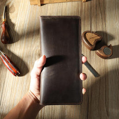 Handmade Slim Leather Mens Bifold Long Wallet Personalized Black Checkbook Wallets for Men