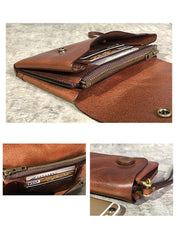 Handmade Black Leather Mens Long Wallet Tan Wristlet Wallet Brown Clutch Biker Chain Wallet Men