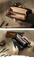 Handmade Black Zipper Mens Clutch Wallets Personalized Black Leather Zipper Clutch for Men