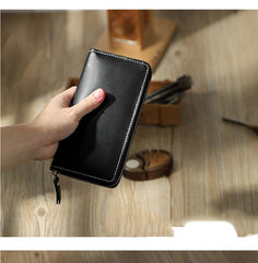 Handmade Black Zipper Mens Clutch Wallets Personalized Black Leather Zipper Clutch for Men