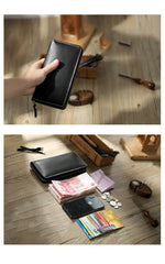 Handmade Black Zipper Mens Clutch Wallets Personalized Black Leather Zipper Clutch for Men