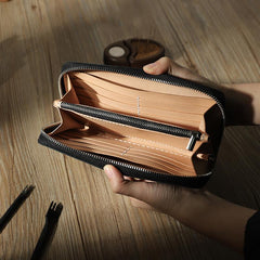 Handmade Black Zipper Mens Clutch Wallets Personalized Black Leather Zipper Clutch for Men