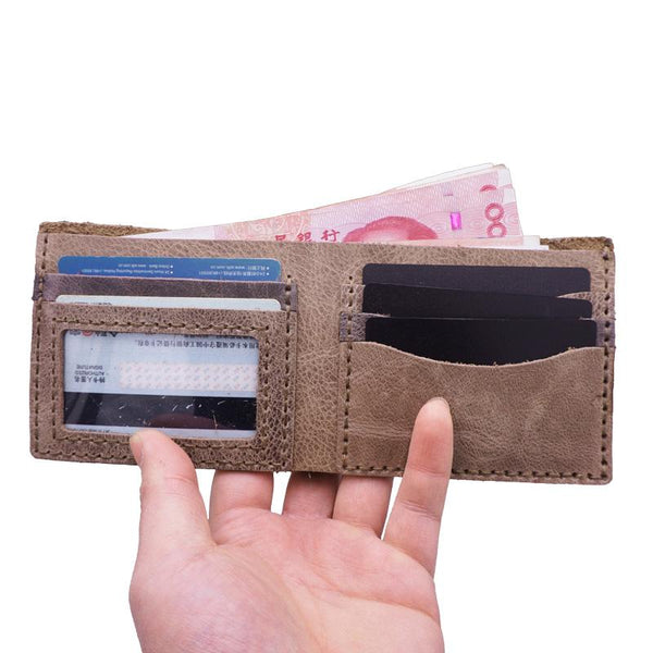 Handmade Khaki Leather Mens Bifold Billfold Wallets Slim Khaki Small Wallet for Men