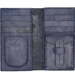 Handmade Blue Leather Mens Bifold Long Wallets Checkbook Wallet Lots Cards Long Wallet for Men