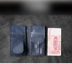 Handmade Blue Leather Mens Bifold Long Wallets Checkbook Wallet Lots Cards Long Wallet for Men