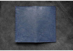 Handmade Blue Leather Mens Bifold Long Wallets Checkbook Wallet Lots Cards Long Wallet for Men