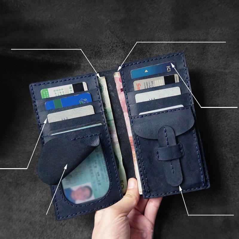 Handmade Blue Leather Mens Bifold Long Wallets Checkbook Wallet Lots Cards Long Wallet for Men