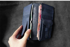 Handmade Leather Mens Bifold Long Wallets Blue Checkbook Wallet Lots Cards Long Wallet for Men