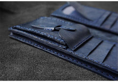 Handmade Leather Mens Bifold Long Wallets Blue Checkbook Wallet Lots Cards Long Wallet for Men