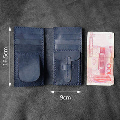 Handmade Leather Mens Bifold Long Wallets Blue Checkbook Wallet Lots Cards Long Wallet for Men