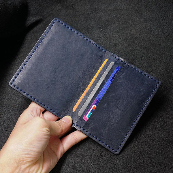 Handmade Leather Mens Slim Card Holders Wallets Blue Slim Bifold Card Wallet for Men