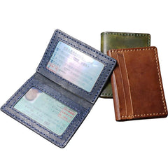 Handmade Leather Mens Slim Card Holders Wallets Blue Slim Bifold Card Wallet for Men