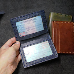 Handmade Leather Mens Slim Card Holders Wallets Blue Slim Bifold Card Wallet for Men