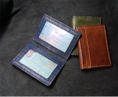 Handmade Leather Mens Slim Card Holders Wallets Blue Slim Bifold Card Wallet for Men