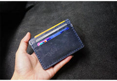 Handmade Leather Mens Slim Card Holders Wallets Blue Slim Bifold Card Wallet for Men