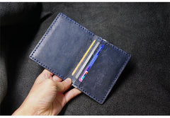 Handmade Leather Mens Slim Card Holders Wallets Blue Slim Bifold Card Wallet for Men