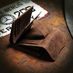 Handmade Brown Leather Men Trifold Billfold Wallet With Coin Pocket Small Wallet for Men