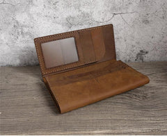 Handmade Brown Leather Mens Bifold Long Wallet Lots Cards Blue Travel Long Wallet for Men