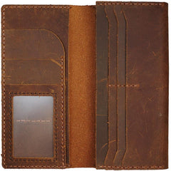 Handmade Brown Leather Mens Bifold Long Wallet Lots Cards Travel Long Wallet for Men