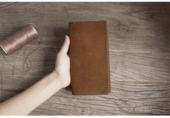 Handmade Brown Leather Mens Bifold Long Wallet Lots Cards Travel Long Wallet for Men