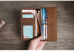 Handmade Brown Leather Mens Bifold Long Wallet Lots Cards Blue Travel Long Wallet for Men