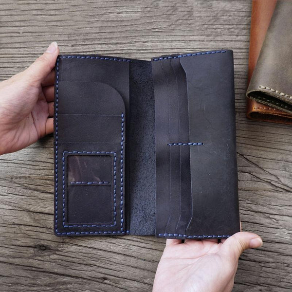 Handmade Blue Leather Mens Bifold Long Wallet Lots Cards Travel Long Wallet for Men