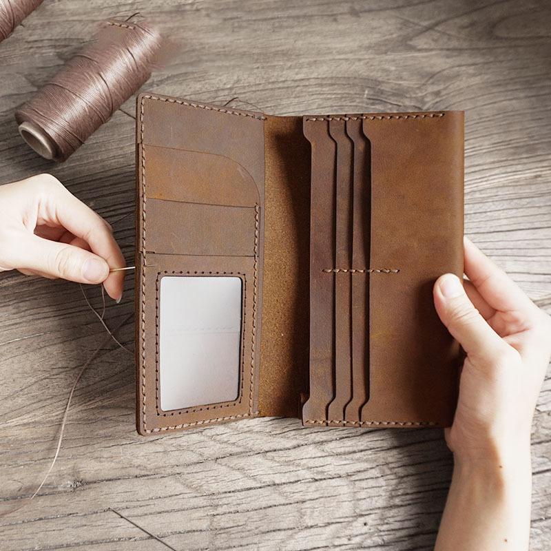 Handmade Brown Leather Mens Bifold Long Wallet Lots Cards Blue Travel Long Wallet for Men