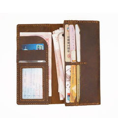 Handmade Brown Leather Mens Bifold Long Wallet Lots Cards Blue Travel Long Wallet for Men