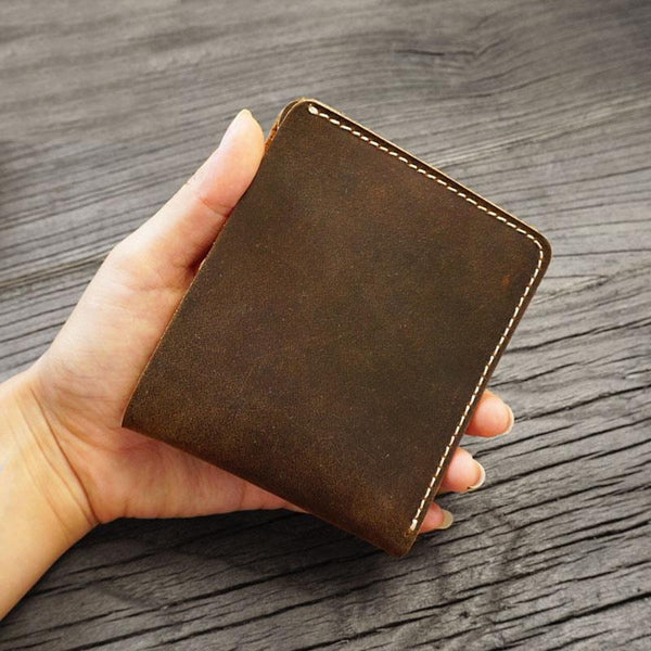 Handmade Brown Leather Mens Billfold Wallets Slim Brown Bifold Small Wallet for Men