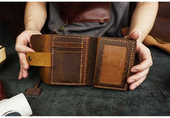 Handmade Blue Leather Mens Trifold Billfold Wallet With Coin Pocket Brown Small Wallet for Men