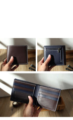 Handmade Blue Leather Billfold Wallets Personalized Mens Contrast Color Wallets for Men