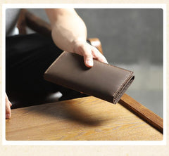 Handmade Coffee Leather Mens Bifold Long Wallets Personalized Black Checkbook Wallet for Men